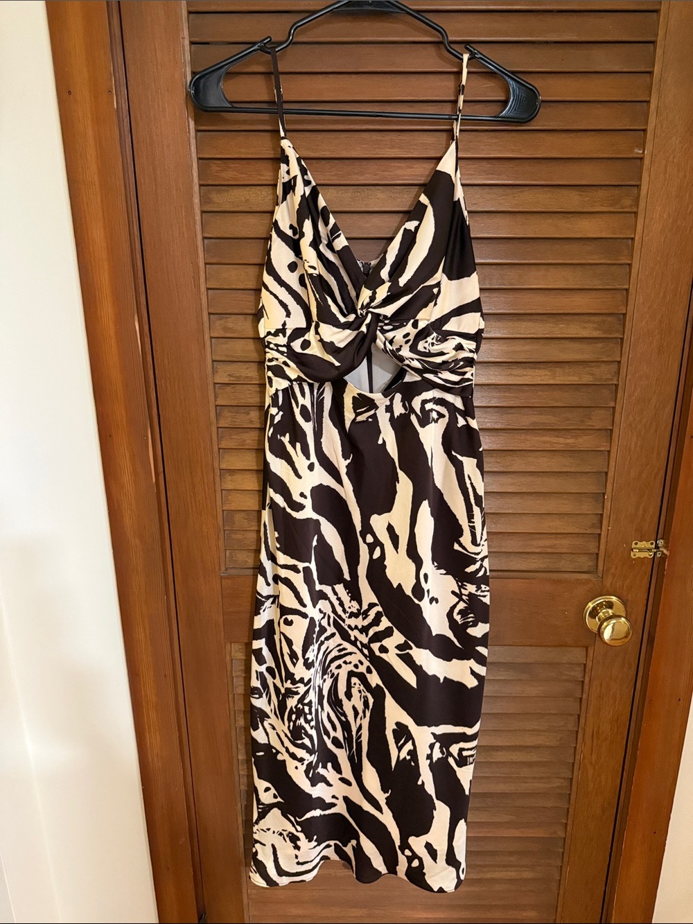 Nine West Brown and Cream Print Twist-Front Sateen Midi Dress